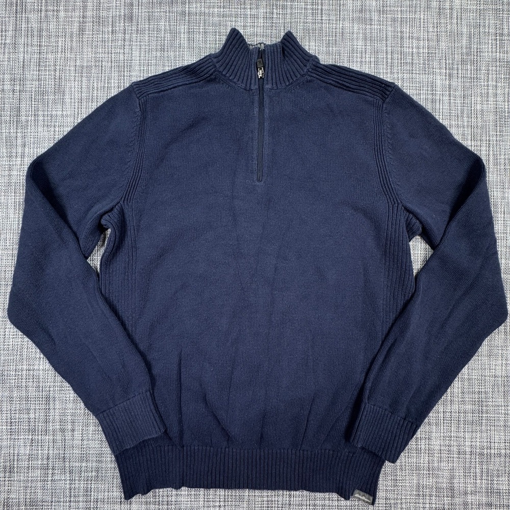 Eddie Bauer Sweater Mens Medium Tall Navy Cotton Quarter Zip Mock Neck Ribbed